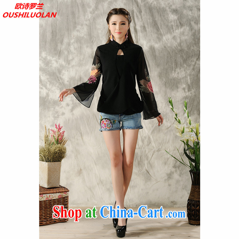 The poem, 2015 new hand-painted long-sleeved T-shirt cheongsam Chinese Spring Chinese Ethnic Wind women 7298 _black M