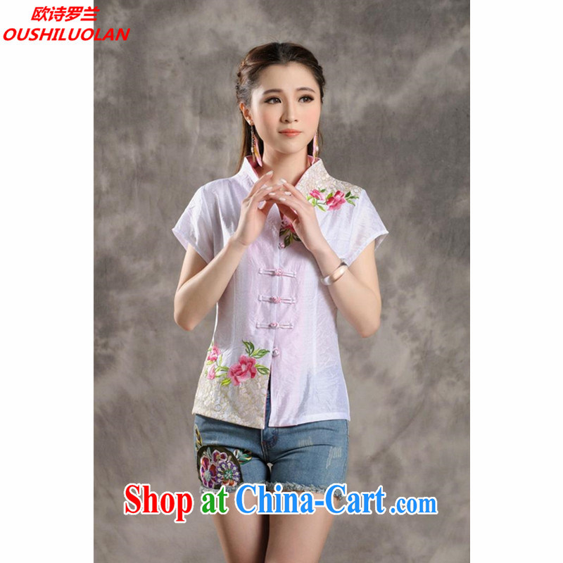 The poem, Ethnic Wind 2015 new Peony embroidery Chinese, summer_Chinese improved short-sleeved T-shirt outfit _7299 white M