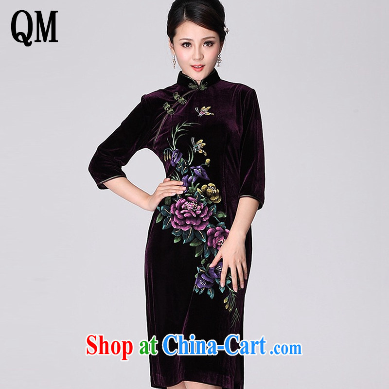 Light In the end long-sleeved gold velour cheongsam dress hand painted peony flowers, old mother married dresses with Chinese AQE 8868 in purple cuff XXXXL
