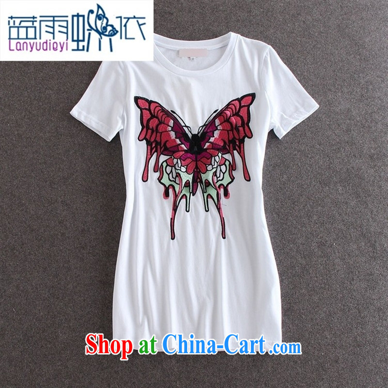 hamilton 2015 spring and summer new, foreign trade in Europe and America's short-sleeved round-collar embroidered butterfly beauty T pension WA 3029 white L, blue rain bow, and shopping on the Internet
