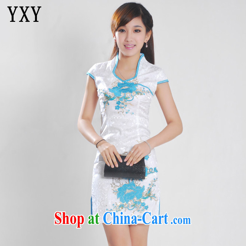 Stakeholders line cloud jacquard cotton Web, Peony flowers improved cheongsam Chinese JT 901 white blue XL