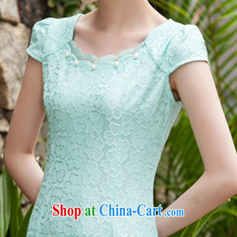 Feng Mya 2015 summer lace cheongsam stylish beauty dress Openwork hook flower cheongsam 1106 Lake blue XL, maple, and shopping on the Internet