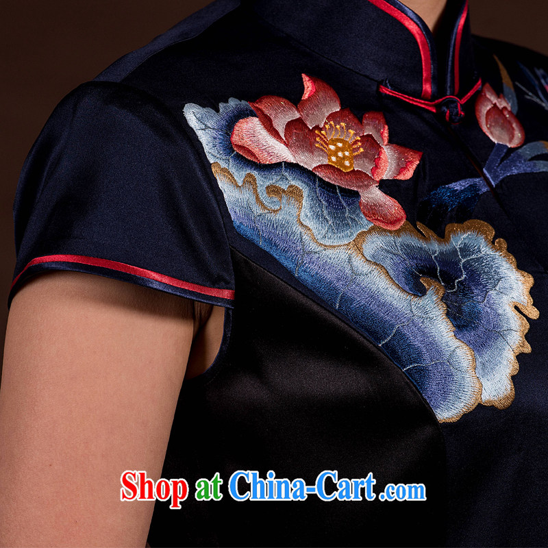 once and for all and improved well-being and stylish dresses short high-end custom handmade dresses summer heavy silk embroidery cheongsam black-green tailored 20 Day Shipping, once and for all (EFU), online shopping