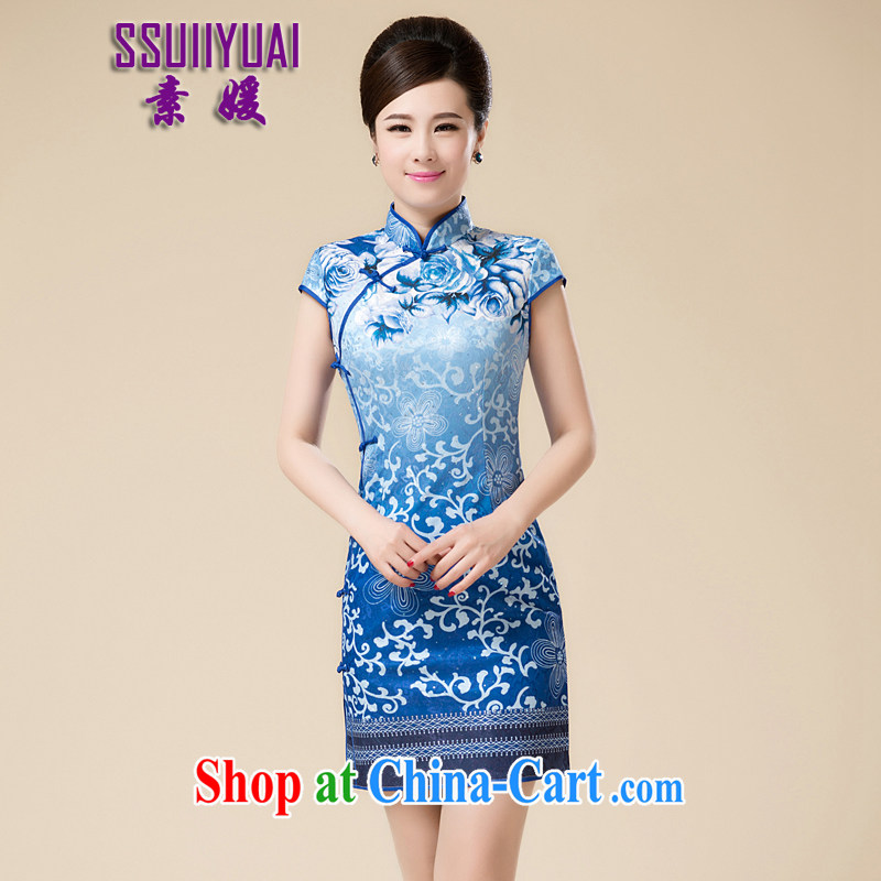 Pixel-yuan improved cheongsam stylish summer short 2015 new graphics thin cheongsam dress daily retro dress Chinese qipao dress blue 3 XL