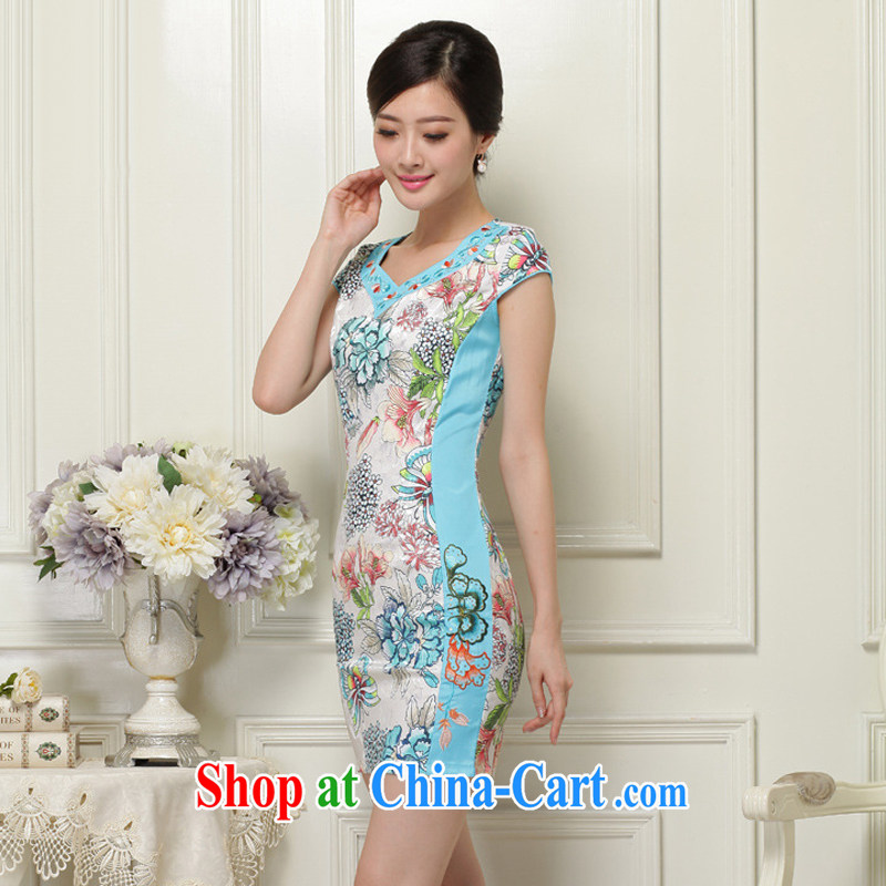 Stakeholders line cloud 2015 summer, female elegant stamp short sleeve cheongsam JT 1038 blue XXL stakeholders, the cloud (YouThinking), and, on-line shopping