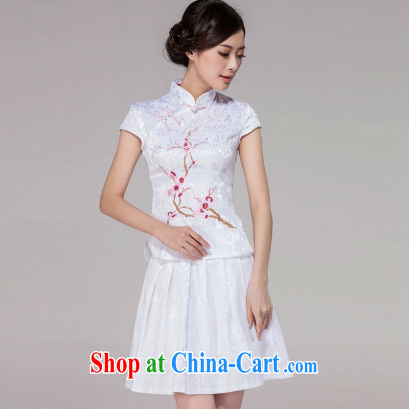 fragrance and beauty 2015 spring and summer new female Chinese qipao day dresses high-end retro style two-piece with white XL