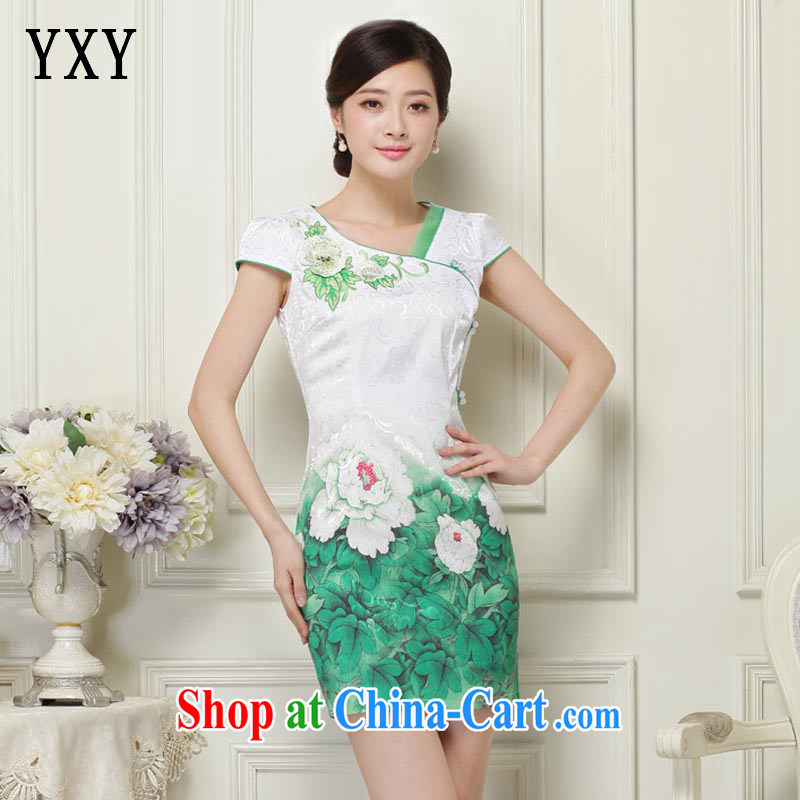 Death Row cloud stylish V-neck larger female Ethnic Wind stamp improved cultivating short cheongsam JT 1039 green XL