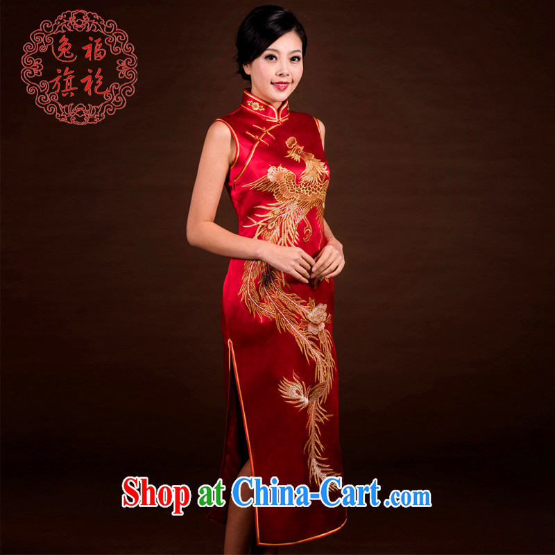 once and for all, summer 2015 brides, red and gold Phoenix embroidery cheongsam long heavy Silk Cheongsam manually custom red tailored 30 day shipping