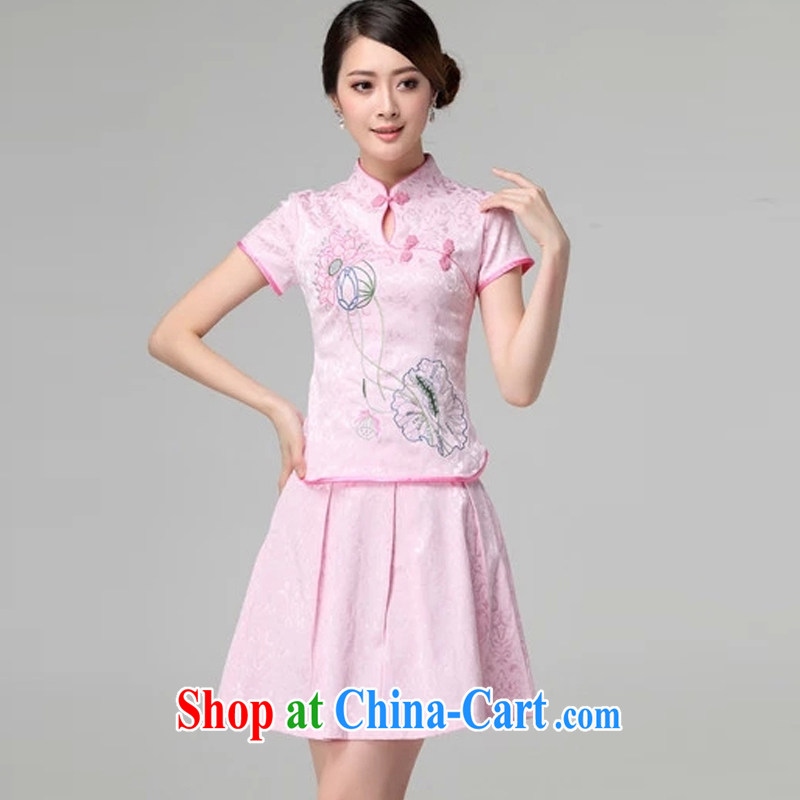 Clearly it is in accordance with Cabinet 2015 spring and summer female new beauty routine retro long-sleeved improved cheongsam stylish two-piece with pink short-sleeved L