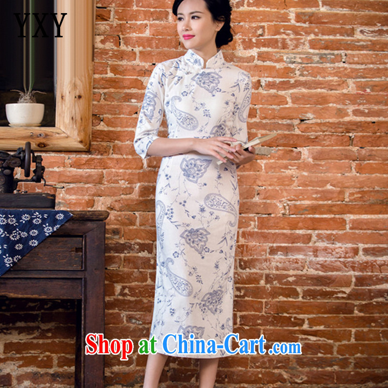 Stakeholders line cloud arts linen hand-tie short-sleeved long-dresses Lao JT 2061 blue lotus XXL
