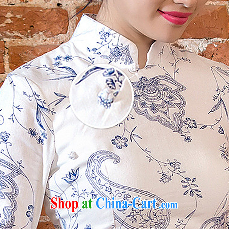 Stakeholders line cloud arts linen hand-tie short-sleeved Long low-power's cheongsam JT 2061 blue lotus XXL stakeholders, the cloud (YouThinking), on-line shopping