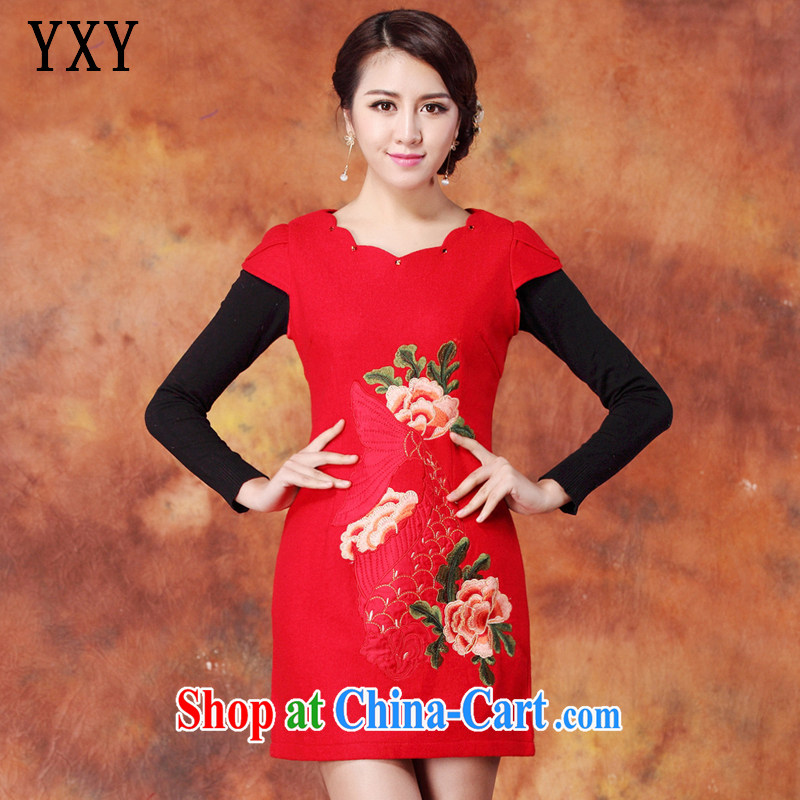 Stakeholders line cloud embroidered wool is short, the red cheongsam JT 1086 red XXL