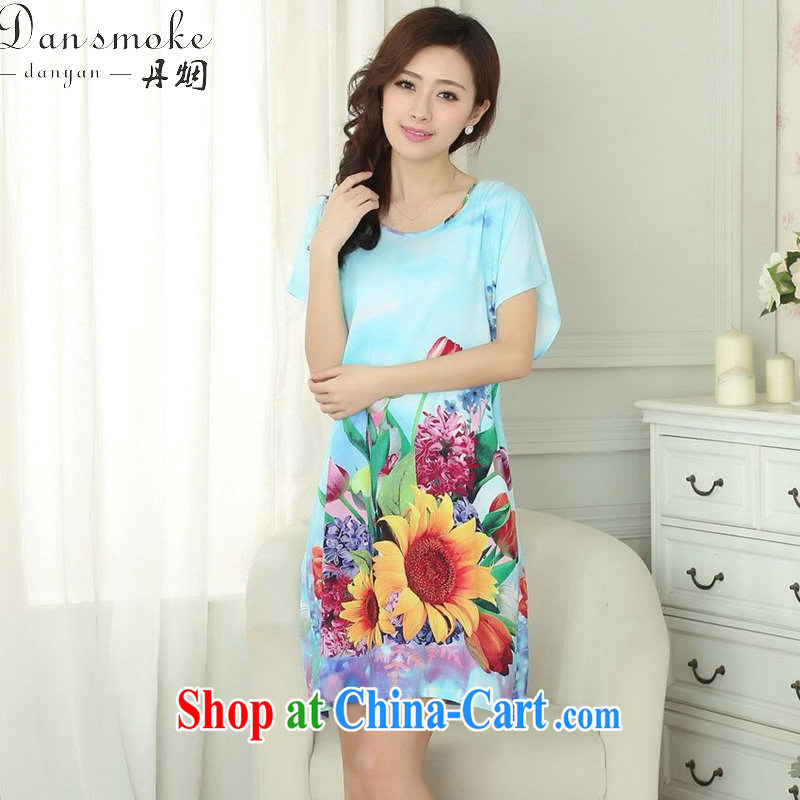 Dan smoke summer new female Chinese pajamas round-collar breathable cotton stamp loose bathrobe short-sleeved dresses are green, Dan smoke, and shopping on the Internet