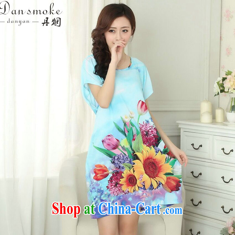 Dan smoke summer new female Chinese pajamas round-collar breathable cotton stamp loose bathrobe short-sleeved dresses are green, Dan smoke, and shopping on the Internet