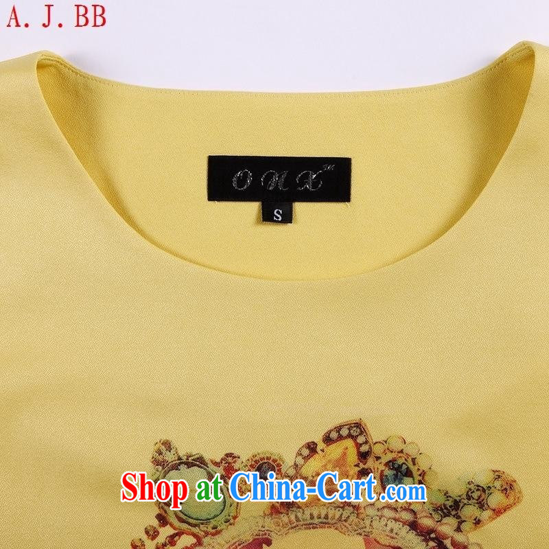 Black butterfly 2015 summer new Snow woven shirts, T-shirts sweet stamp round-collar relaxed casual T shirts female yellow XL, A . J . BB, shopping on the Internet