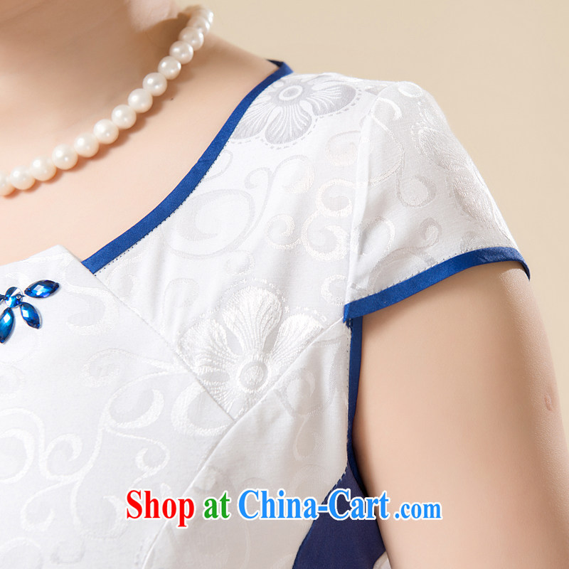 Pixel-yuan 2015 new improved retro daily outfit video thin Lotus embroidery beauty, summer short cheongsam dress cheongsam MOM blue XL, pixel-yuan (SSUIIYUAI), online shopping