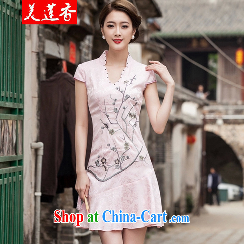 The US Dr. Chou 2015 spring and summer new short-sleeved V collar embroidered Phillips nails Pearl crowsfoot skirt with embroidery short cheongsam white XL, the United States and Dr. Chou (MEILIANXIANG), online shopping