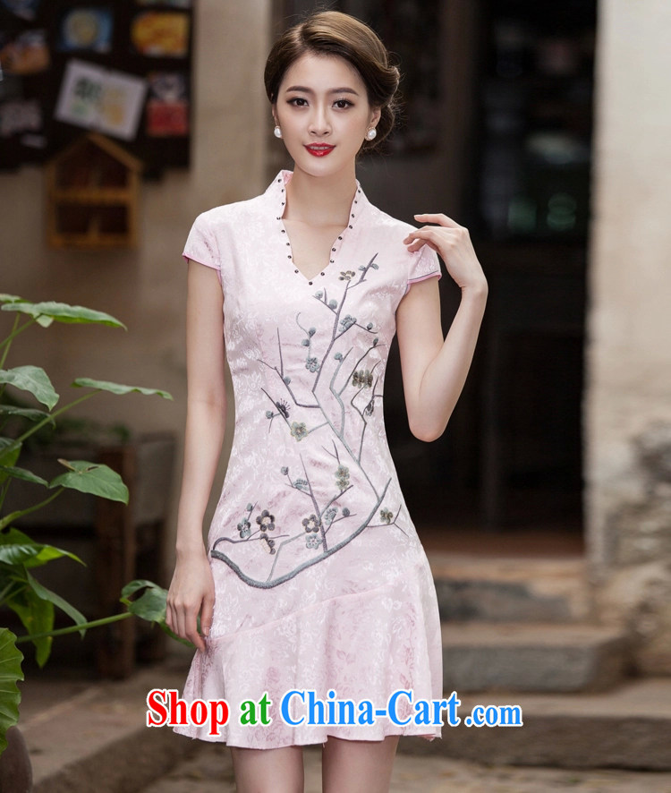 Clearly there is in accordance with Cabinet 2015 spring and summer new short-sleeved V collar embroidered Phillips nails Pearl crowsfoot skirt with embroidery short cheongsam white L pictures, price, brand platters! Elections are good character, the national distribution, so why buy now enjoy more preferential! Health