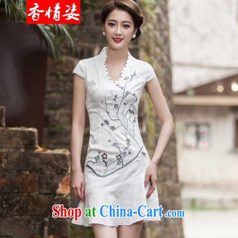 fragrance and beauty 2015 spring and summer new short-sleeved V collar embroidered Phillips nails Pearl crowsfoot skirt with embroidery short cheongsam white XL