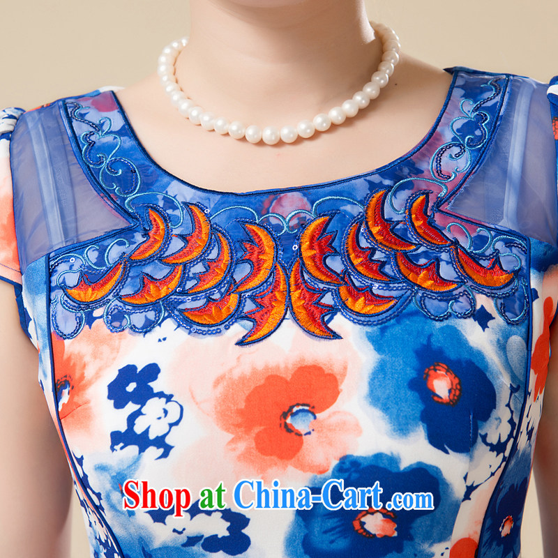 Pixel-yuan 2015 new summer beauty and stylish retro improved national wind short cheongsam dress blue and white porcelain cheongsam dress lace female middle-aged mother blue 3 XL, Yuan (SSUIIYUAI), online shopping