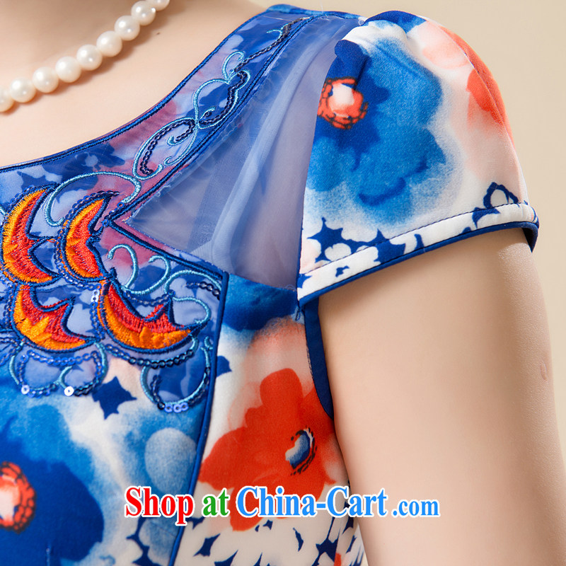 Pixel-yuan 2015 new summer beauty and stylish retro improved national wind short cheongsam dress blue and white porcelain cheongsam dress lace female middle-aged mother blue 3 XL, Yuan (SSUIIYUAI), online shopping