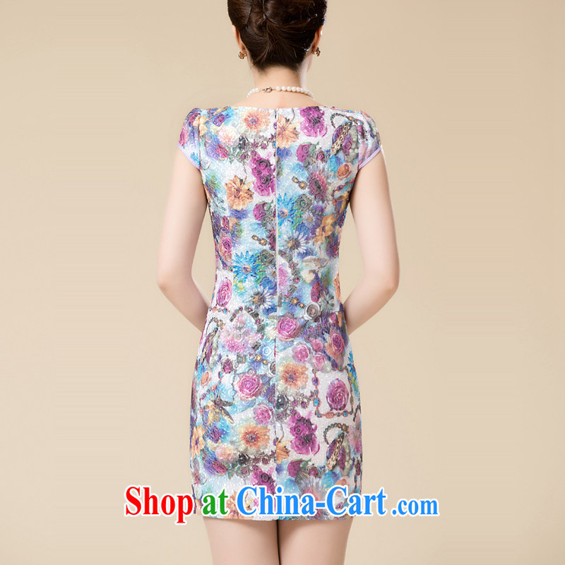 Pixel-yuan 2015 female summer wear the code short-sleeved stamp cheongsam dress Summer Package and cultivating middle-aged fat mom with lace cheongsam dress yellow 3XL, Yuan (SSUIIYUAI), online shopping