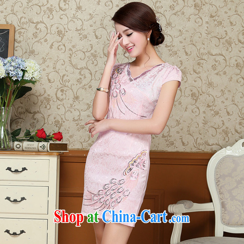 light at the embroidery Peacock jacquard cotton cheongsam Chinese Antique improved daily short-sleeved qipao dresses AQE 9038 pink XXL, light (at the end) QM, shopping on the Internet