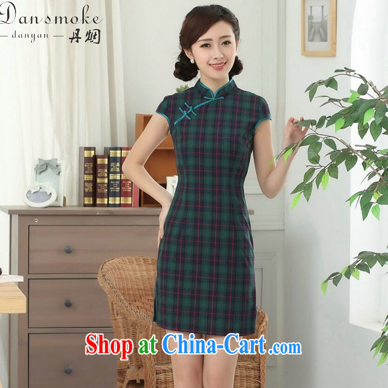 Dan smoke cotton tartan dresses summer new female Chinese improved Korea wind up for a hard-pressed Chinese qipao short as the color 2 XL, Bin Laden smoke, shopping on the Internet