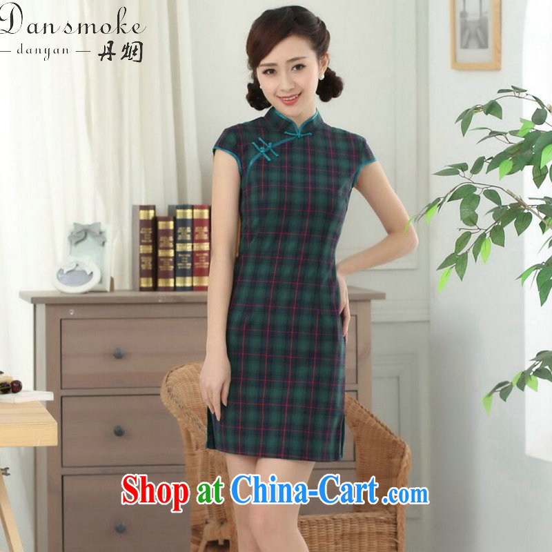 Dan smoke cotton tartan dresses summer new female Chinese improved Korea wind up for a hard-pressed Chinese qipao short as the color 2 XL, Bin Laden smoke, shopping on the Internet