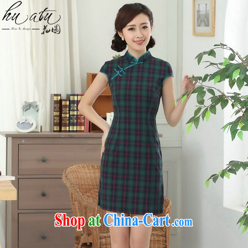 Take the cotton tartan dresses summer new female Chinese improved Korea wind up for a hard-pressed Chinese qipao short figure color M