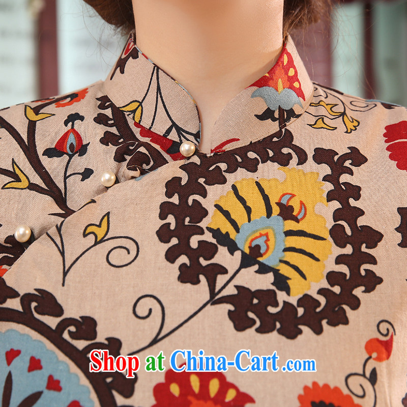 Dresses summer dresses new and improved, improved linen short cheongsam shirt short-sleeved Chinese Chinese qipao retro Korea girl summer tea color XXL, Diane M Qi, shopping on the Internet