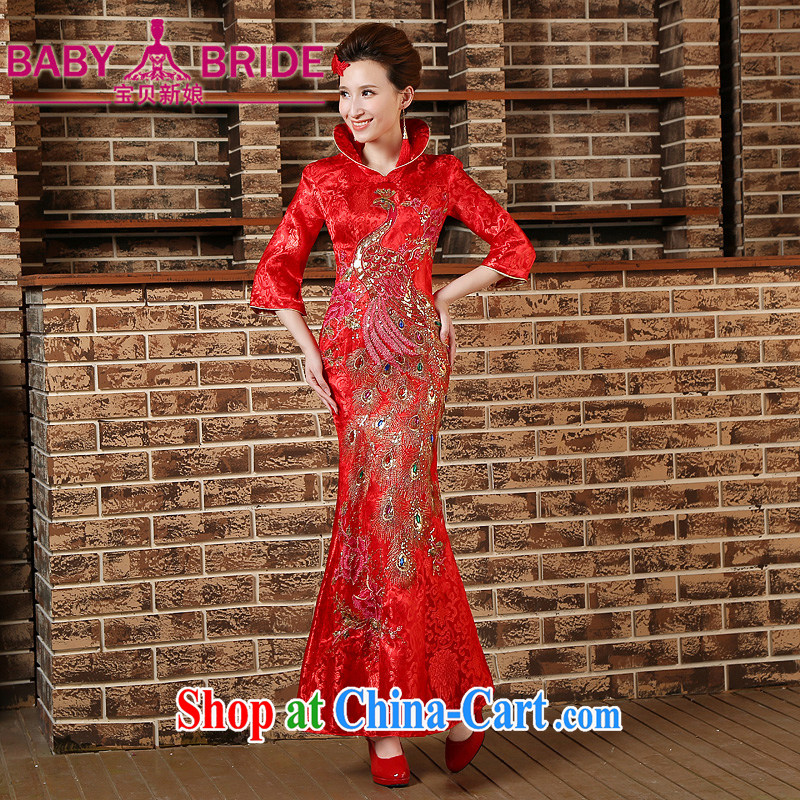 2015 lace improved cheongsam beauty crowsfoot length in paragraph cuff at night high-collar bows welcome wedding red XXL