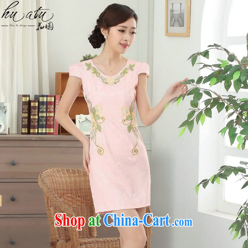 Take the new summer female Tang is an elegant qipao Chinese improved V for daily graphics thin embroidered short cheongsam dress - B pink 2 XL, spend figure, shopping on the Internet