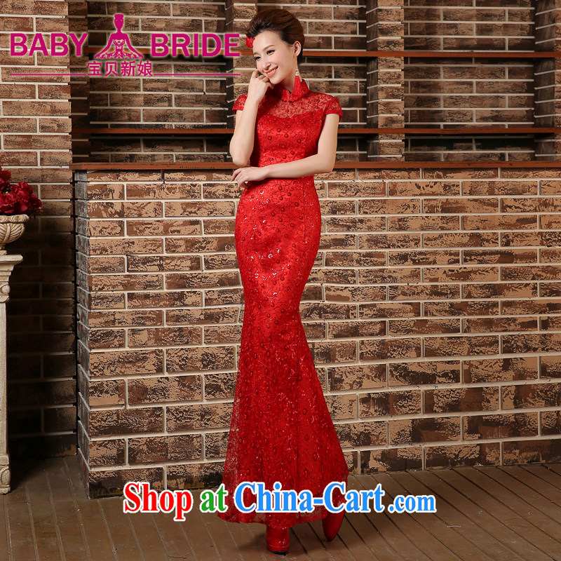 At Merlion, collar cheongsam red toast serving Chinese marriages yarn long beauty evening dress dress short-sleeved red XXL