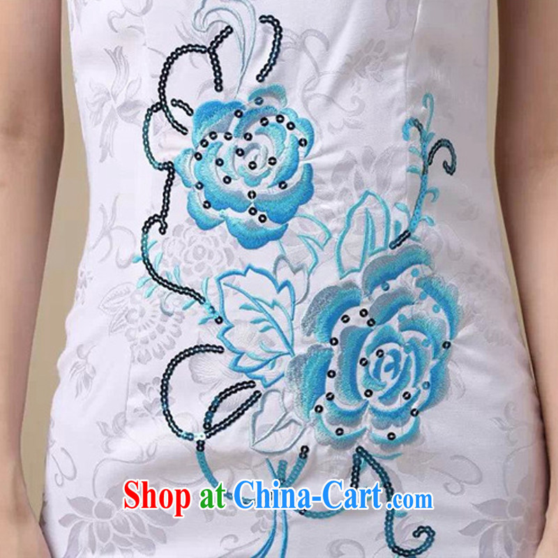 The end light summer cotton embroidered short cheongsam elegance lady fashion cheongsam dress AQE 0755 blue XXL, light (at the end QM), shopping on the Internet