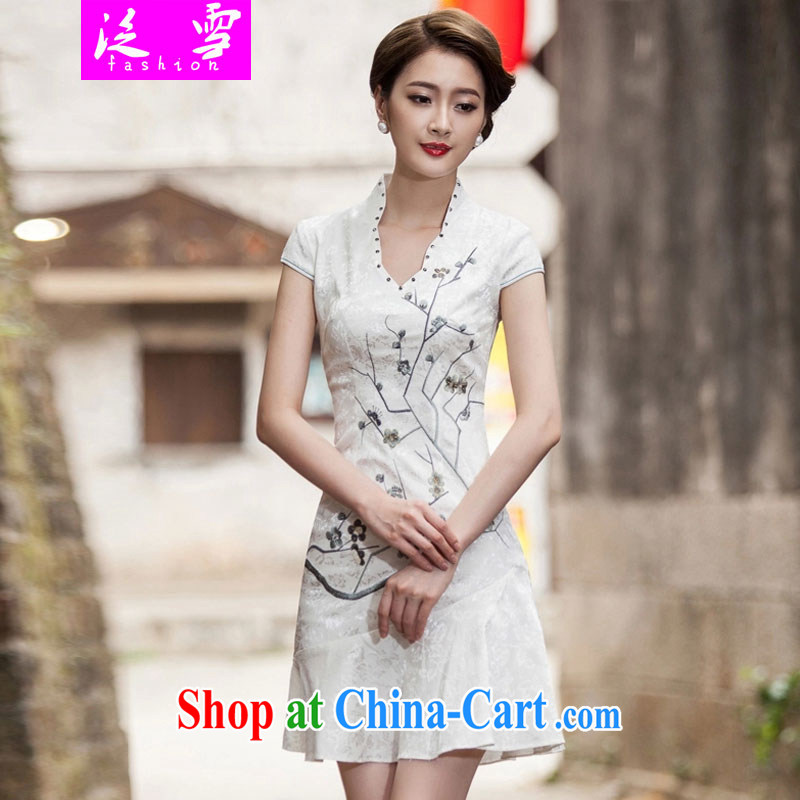 The snow in summer 2015 new V collar embroidered Phillips-head nails Pearl crowsfoot skirt with embroidery short dresses 1123 white XL, snow, shopping on the Internet