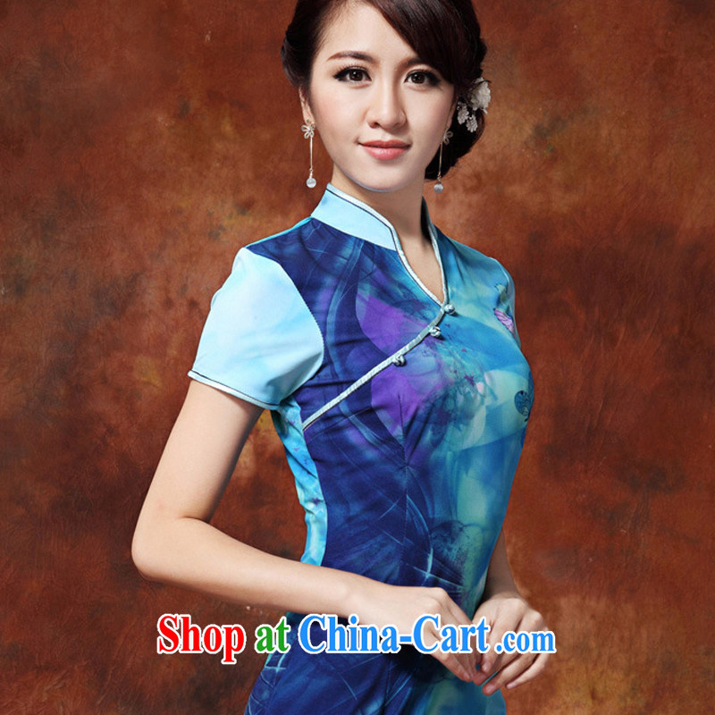 light at the milk, the poster cool short dresses retro, for Chinese qipao dress improved daily solid summer skirt girl AQE 918 blue XXL, shallow end (QM), online shopping
