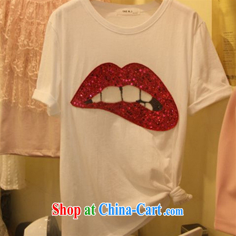 2015 new summer personality, his lips three-dimensional beads, short-sleeved shirt T red lips XL