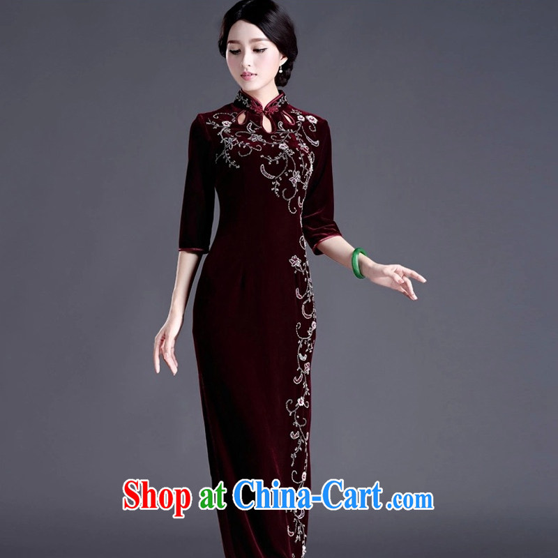 The end is cultivating the cheongsam dress code is long, the velvet cheongsam dress MOM retro wedding dress uniform toast AQE 012 wine red in XXXXL cuff, light (at the end QM), online shopping
