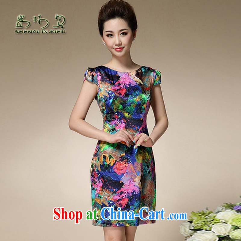 Summer New China wind stamp duty round-collar short-sleeve Sau San emulation Silk Dresses beauty charm antique dresses sung lim bird 2015 delivery package mail blue XXXL
