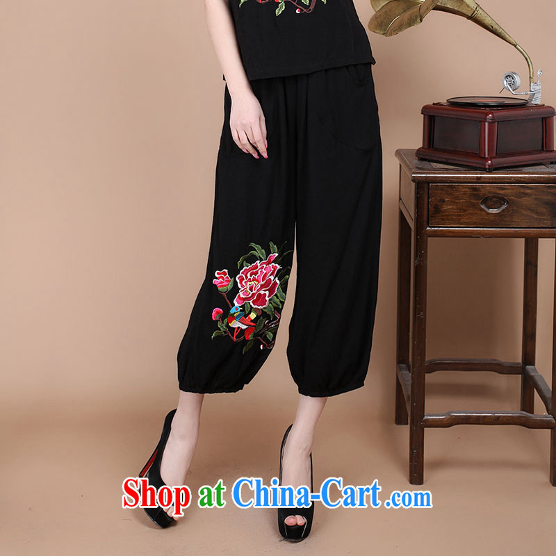 Yu Hong Yeon 2015 summer new mom with older 7 pants Chinese Ethnic Wind cotton embroidery has been the pants black XXL