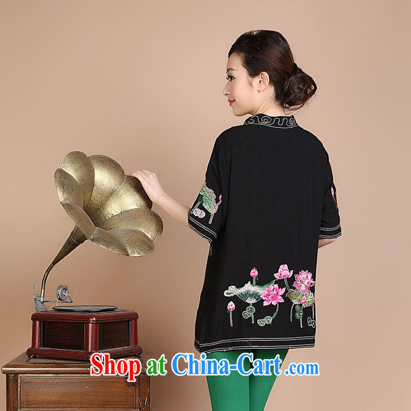 Yu Xiang Yu-na summer 2015 New National wind Lotus embroidery, older mothers in the long summer short-sleeved T pension black XL, Yu Hong-yeon (yuxiangyan), online shopping