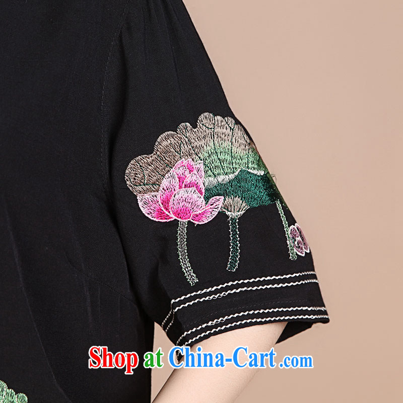 Yu Xiang Yu-na summer 2015 New National wind Lotus embroidery, older mothers in the long summer short-sleeved T pension black XL, Yu Hong-yeon (yuxiangyan), online shopping