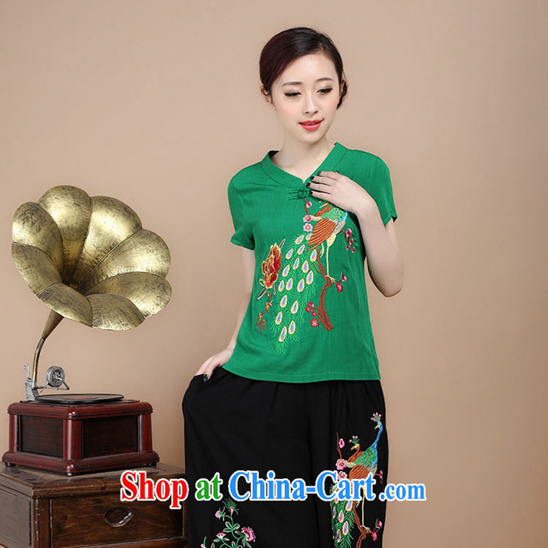 Yu Xiang Yu-na retro embroidered Ethnic Wind girl with Chinese T-shirt XL Peacock embroidery cotton Ma T shirts female Green XL