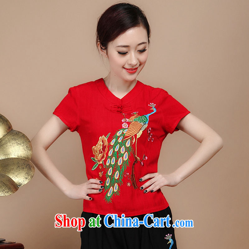 Yu Xiang Yu-na retro embroidered Ethnic Wind female Chinese T-shirt XL Peacock embroidery cotton Ma T shirts female Green XL, Yu Hong-yeon (yuxiangyan), online shopping