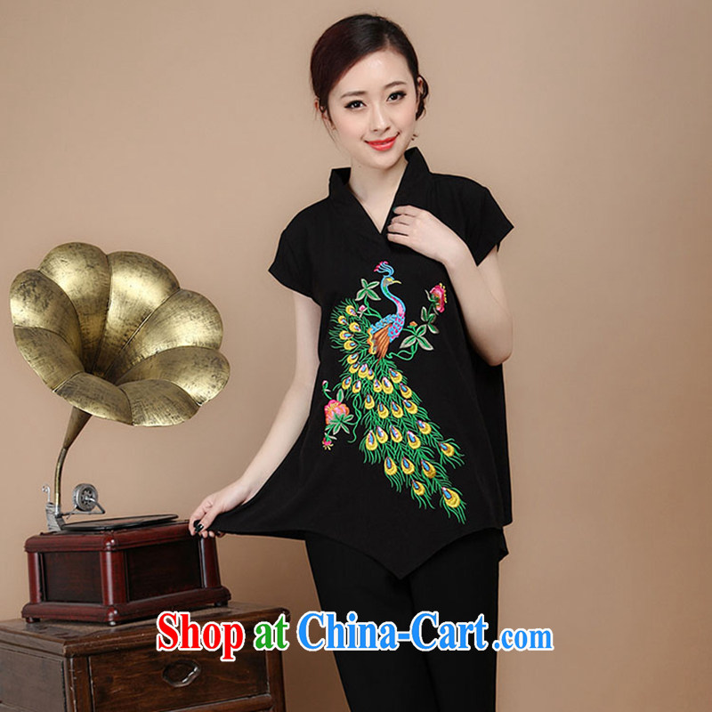 Yu Hong-yeon, the Summer retro Peacock embroidery Tang fitted T-shirt loose larger cotton T-shirts female black XXXL