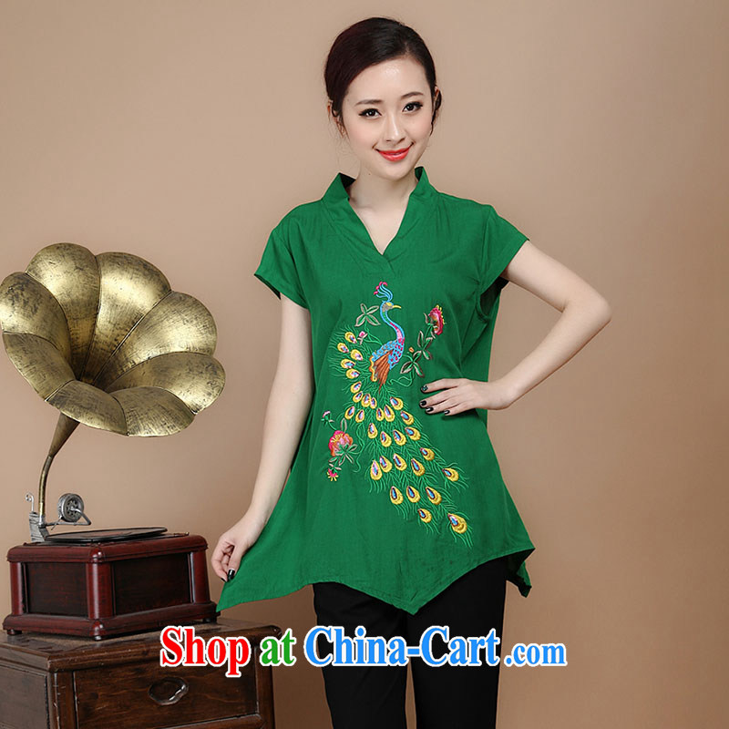 The Timor in her old Summer retro Peacock embroidery Tang fitted T-shirt loose the code cotton T-shirts female Red XXL, the Timorese Connie, shopping on the Internet