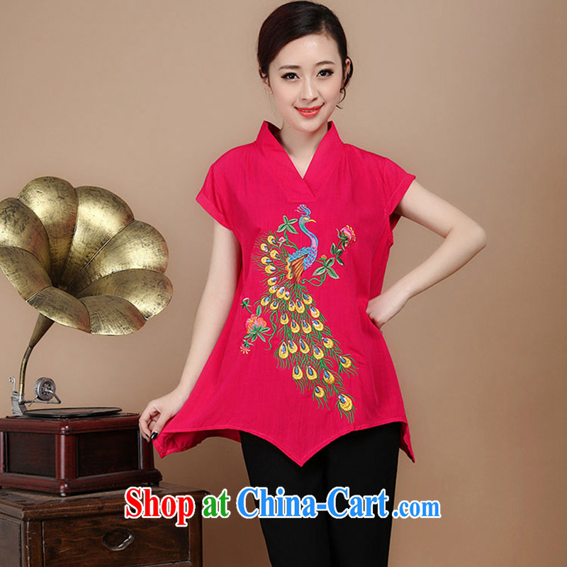The Timor in her old Summer retro Peacock embroidery Tang fitted T-shirt loose the code cotton T-shirts female Red XXL, the Timorese Connie, shopping on the Internet