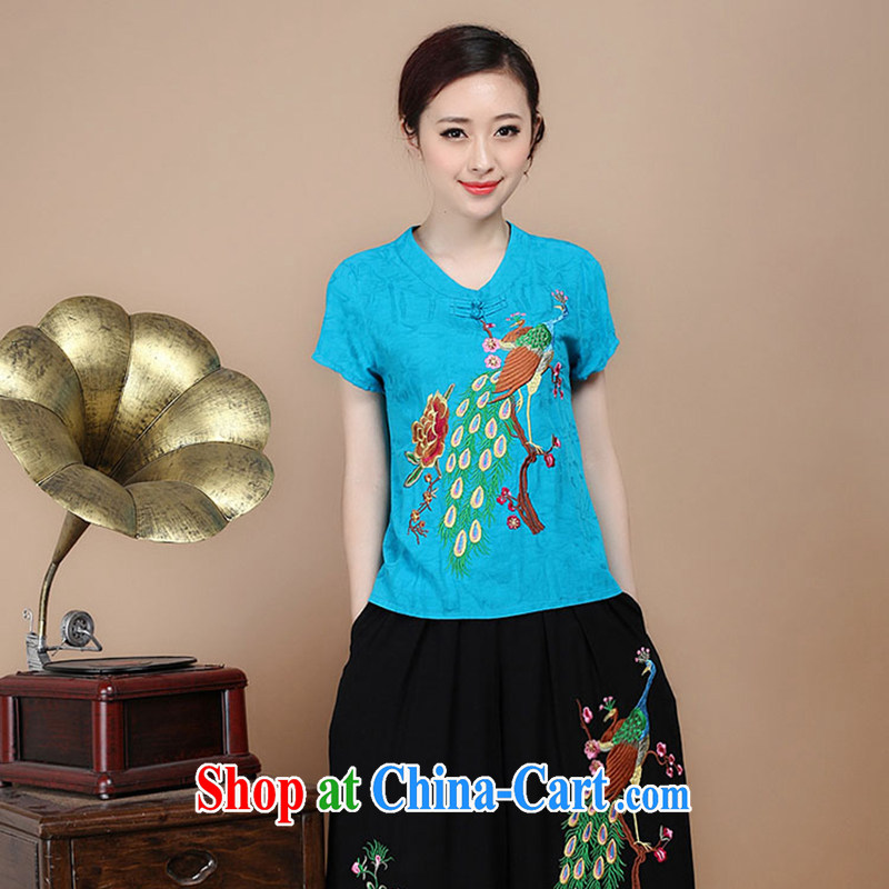 The Timorese Connie retro embroidered Ethnic Wind female Tang fitted T-shirt XL Peacock embroidery cotton Ma T shirts female Green XL, the Timorese Connie, shopping on the Internet