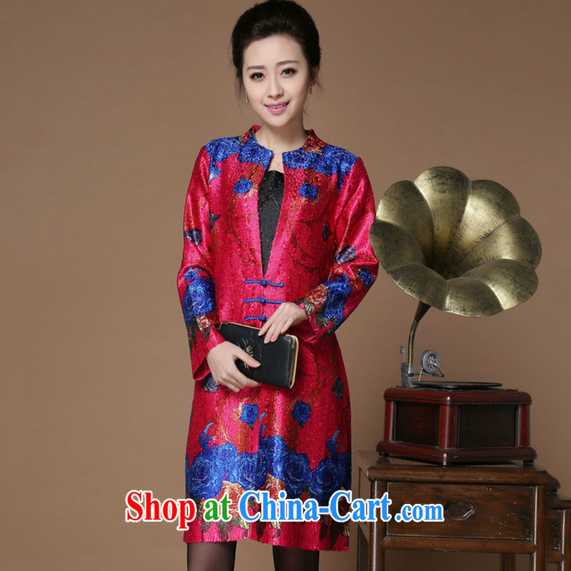 The Timorese Connie 2015 spring women's coats high quality large code stamp silk wrinkled collars retro Tang in long-yi of blue and red XL